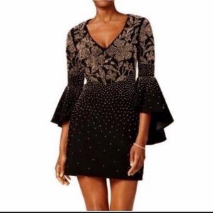 NWT Betsy & Adam beaded Black Gold Long bell Sleeve cocktail mini dress sz 6